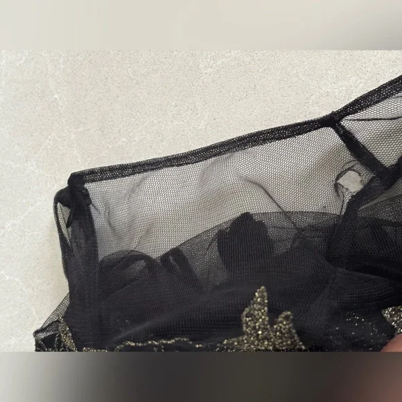 Adrianna Papell Black and Gold Lace Mesh Dress Long Sleeves Gown Size 12 - Picture 14 of 16